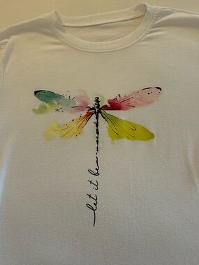 HUGE BUNDLE SALE! White Graphic Tee with Multicolor Dragonfly “LET IT BE” LARGE